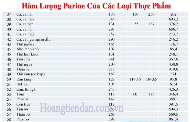 bảng hàm lượng purin